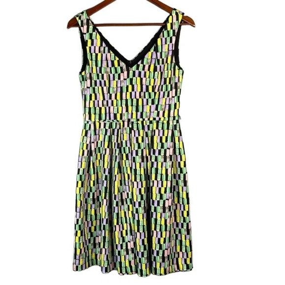 CALVIN KLEIN Pastel Geometric Print Fit and Flare Dress V Neck Sleeveless 4 - Picture 10 of 10